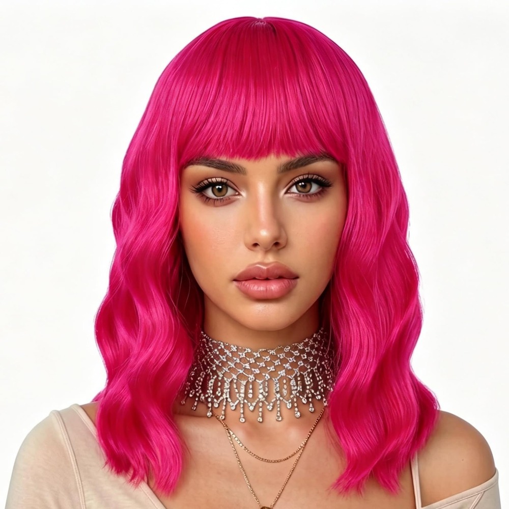 NWT ENilecor 14" Hot Pink Short Wavy Bob Wig With Bangs Synthetic Cosplay